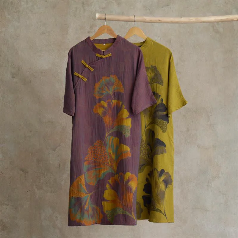 Contemporary Ownkoti Ginkgo Leaf Print Cotton Cheongsam Nightgown Solid