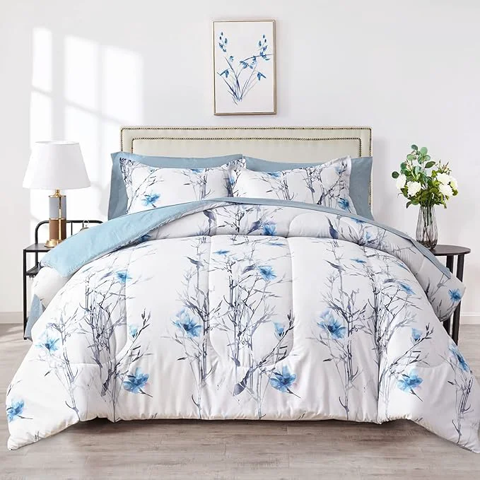 Elegant 6 Piece Bed in a Bag Twin Comforter Set with Sheets Blue Flower Branch on White Botanical Bedding Sets for Kids 1 Comforter 2 Pillow Shams 1 Flat Sheet 1 Fitted Sheet 1 Pillowcases Breathable