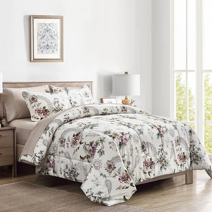 Durable 7 Pieces Bed in a Bag Queen Comforter Set with Sheets Beige Floral Design Soft Microfiber Bedding Sets for All Season 1 Comforter 2 Pillow Shams 1 Flat Sheet 1 Fitted Sheet 2 Pillowcases Efficient