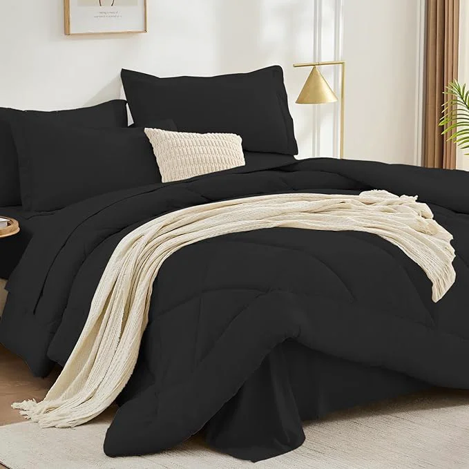 Durable FUANNA 7 Pieces Full Size Comforter Sets All Season Bedding Sets Full Size Luxury Soft Bed in a Bag with Comforter Flat Sheet Fitted Sheet Pillowcases amp Pillow Shams Black Powerful