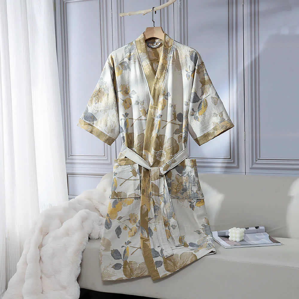 Artisan Ownkoti Unisex Yellow Floral Cotton Gauze Bathrobe Fine Crafted
