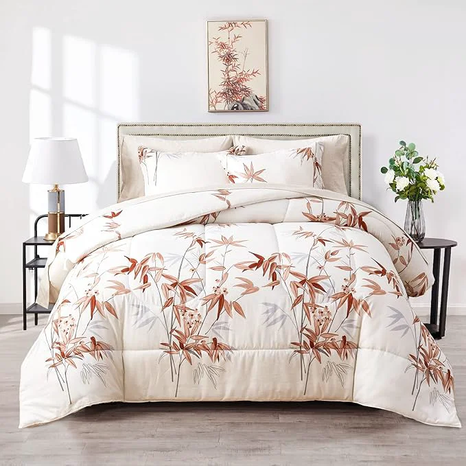 Reusable 7 Piece Bed in a Bag Queen Comforter Set with Sheets Burnt Orange Leaves on White Botanical Bedding Sets for All Season 1 Comforter 2 Pillow Shams 1 Flat Sheet 1 Fitted Sheet 2 Pillowcases Unique