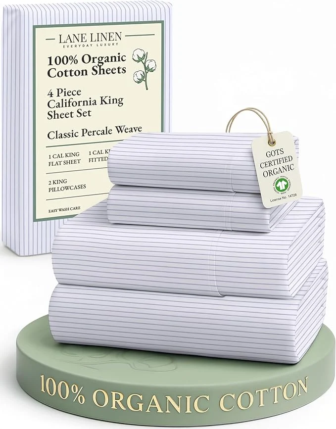 Stylish LANE LINEN Organic Cotton Printed California King Sheets Set 4-Piece All Season Fully Elasticized Deep Pocket Fits Mattress Upto 15 quot Mercerized Printed Cal King Sheet Set -Ticking Stripe Blue Trusted