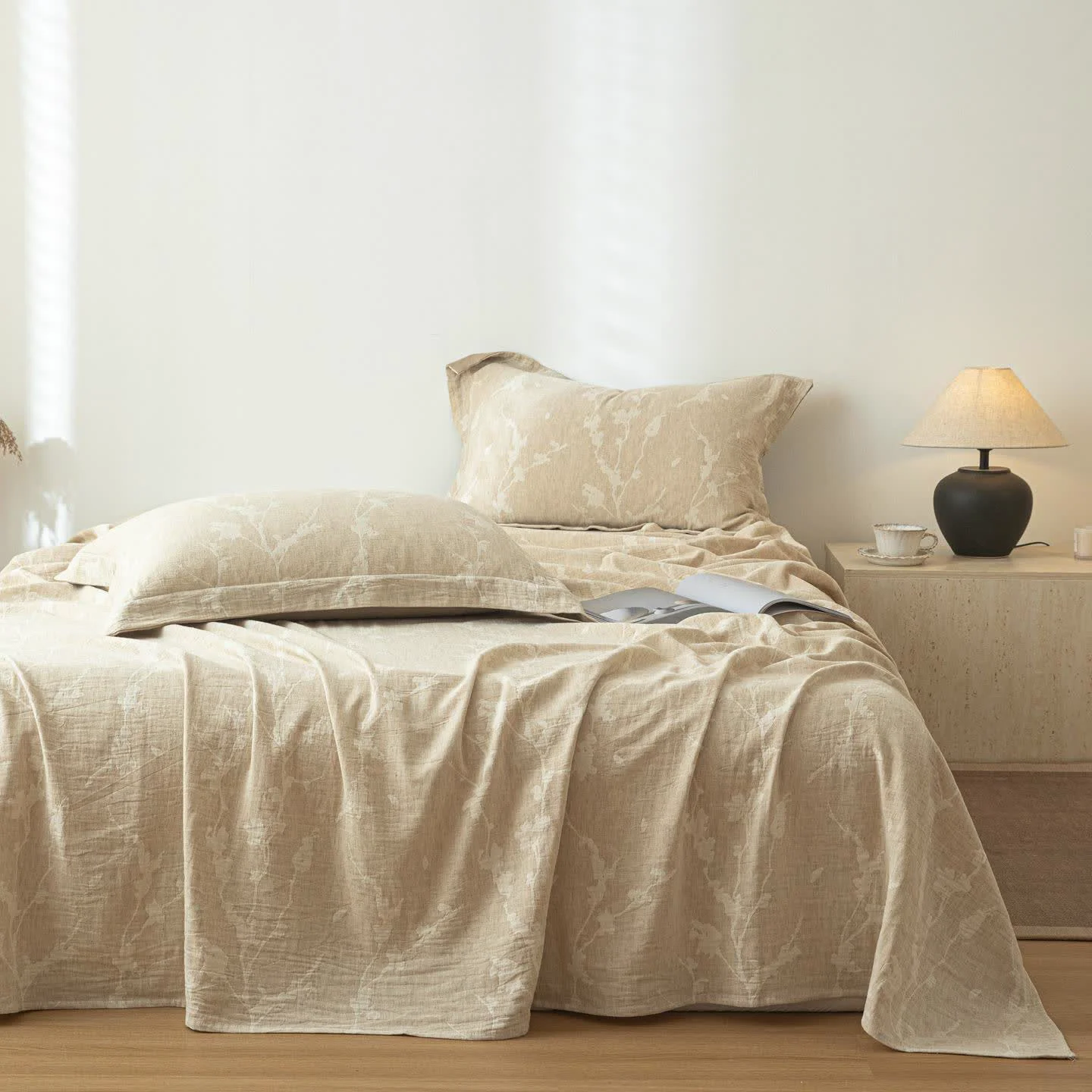 Reusable Ownkoti Floral Branch Textured Cotton Linen Bedspread Luxury