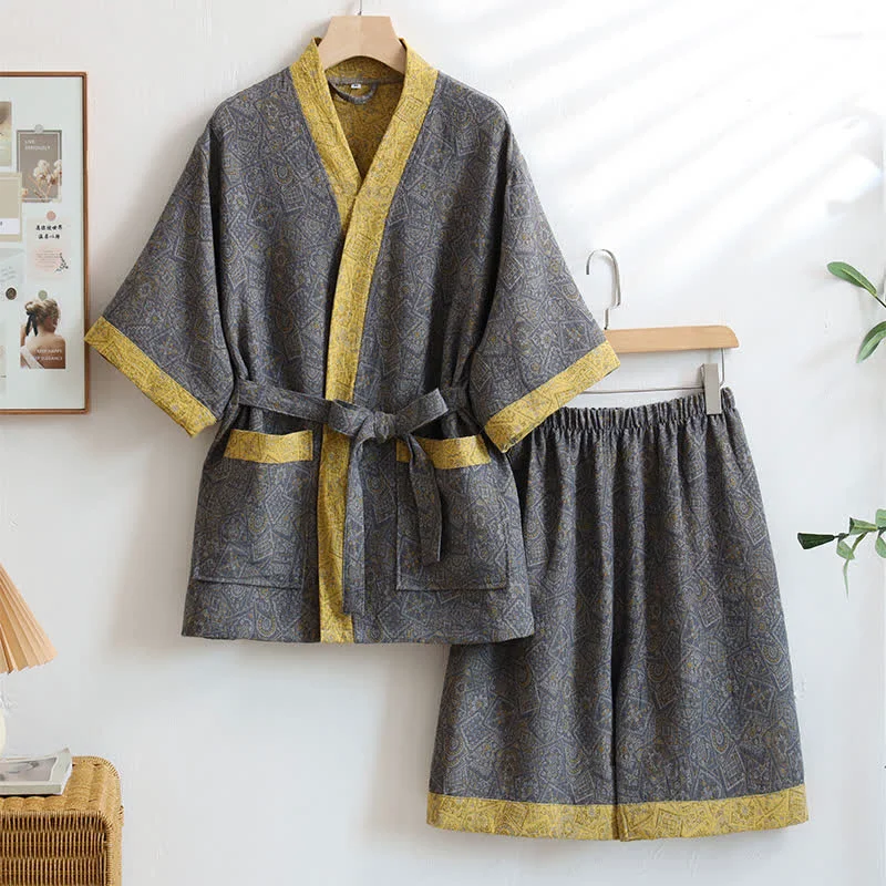 Eco-Friendly Ownkoti Unisex Grey Geometric Cotton Kimono Nightwear Exceptional