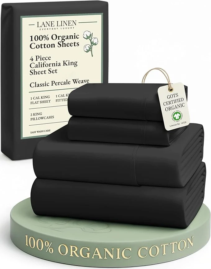 World-Class Lane Linen Organic Cotton California King Sheets Set 4-Piece Pure Organic Cotton Long Staple Percale Weave Ultra Soft Bedding Sheets for Bed Breathable Fits Mattress Upto 15 quot Deep – Black Enhanced