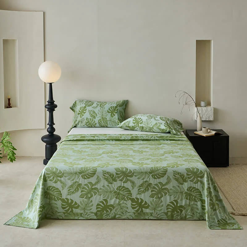 Efficient Ownkoti Green Monstera Cotton Gauze Jacquard Bedspread Elite