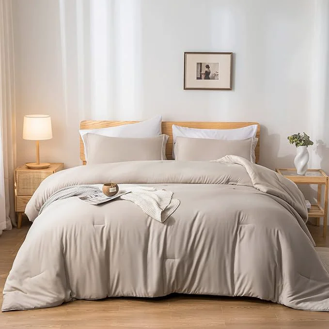 Breathable weigelia Queen Comforter Set 7 Pieces Oatmeal Comforters Queen Size Soft Fluffy Bedding Comforter Set with Fitted Sheets Flat Sheets Pillow Shams and Pillowcases Stylish