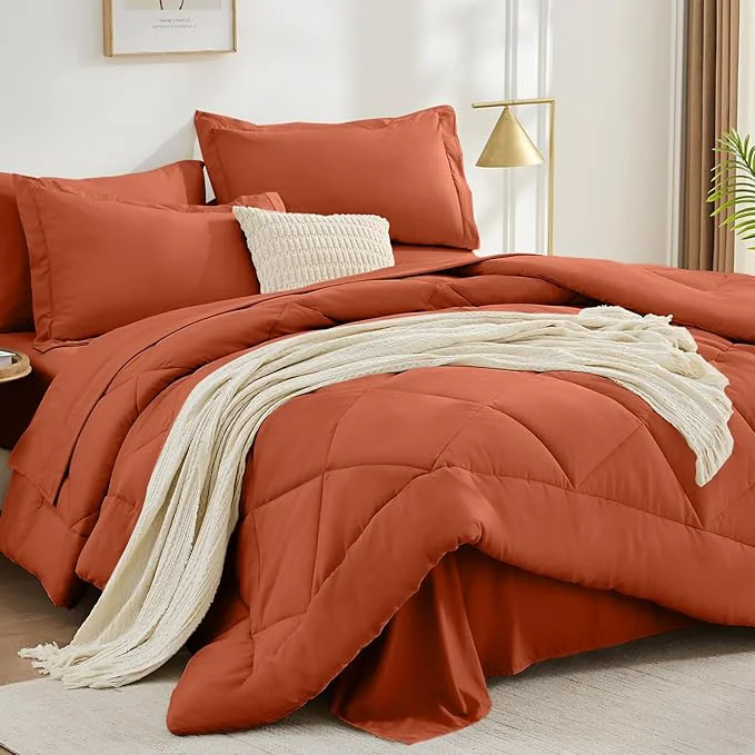 Clean FUANNA 7 Pieces Full Size Comforter Sets All Season Bedding Sets Full Size Luxury Soft Bed in a Bag with Comforter Flat Sheet Fitted Sheet Pillowcases amp Pillow Shams Burnt Orange Easy-to-Use