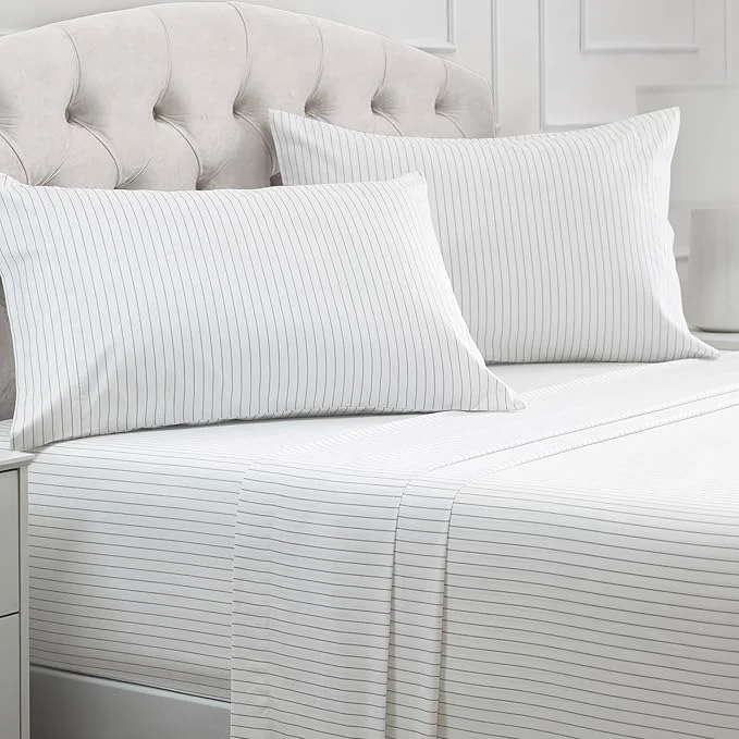 Prestigious Mellanni King Sheets Set – 4 PC Iconic Collection Bedding – Hotel Luxury Extra Soft Cooling Bed Sheets – Wrinkle Fade Stain Resistant King Pinstripe Gray Verified