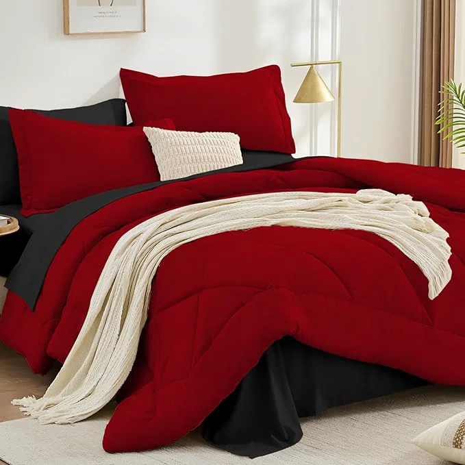 Flexible FUANNA 7 Pieces California King Size Comforter Set All Season Bed in a Bag Cal King Size Luxury Soft Bedding Sets with Comforter Flat Sheet Fitted Sheet Pillowcases amp Pillow Shams Red amp Black Fashionable