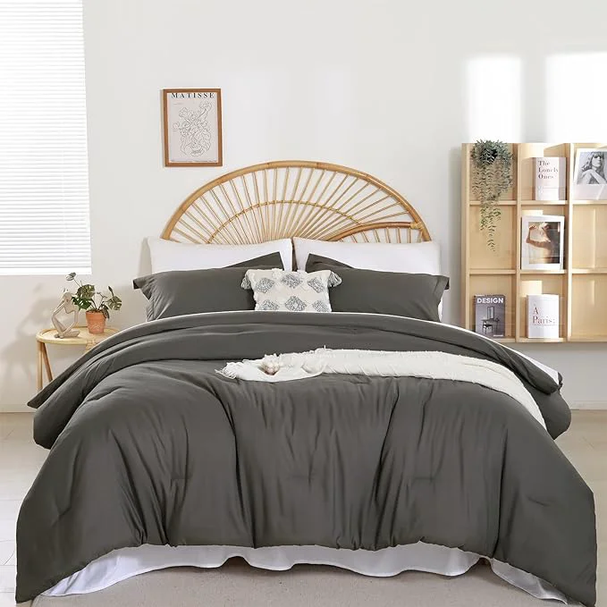 Authentic weigelia Dark Grey Comforter Set King Size Grey Comforter with 2 Pillowcases 7 Pieces Gray King Comforter Bedding Set for Women and Men Microfiber Bed Comforter Set Soft All Season Genuine