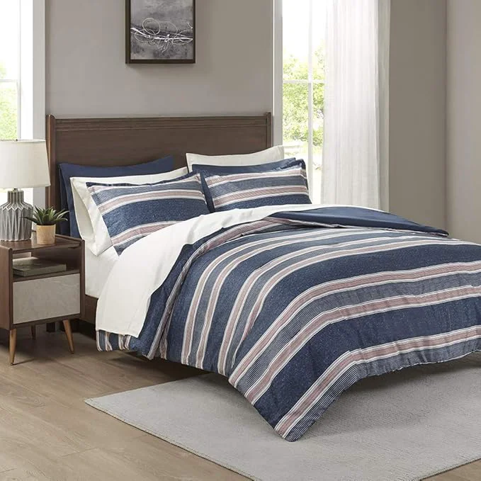 Easy-to-Use Comfort Spaces Bed in A Bag Comforter Set – College Dorm Room Essentials for Boys Men Bedding Complete Dormitory Bedroom Pack And Sheet with 2 Side Pockets King Stripes Navy Red Casual