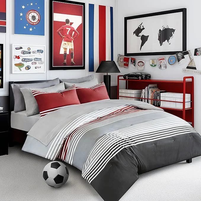 Innovative Comfort Spaces Twin XL Comforter Sets with Sheets – Bed in a Bag 6 Pieces Teen Bedding Sets Red and Grey Stripes Bedding Twin XL College Twin XL Bed Set with 2 Side Pockets Bedroom Organizer Crafted
