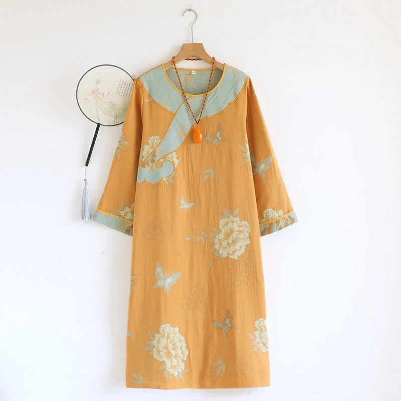Trendy Ownkoti Yellow Peony Cotton Gauze Loose Nightdress Modern