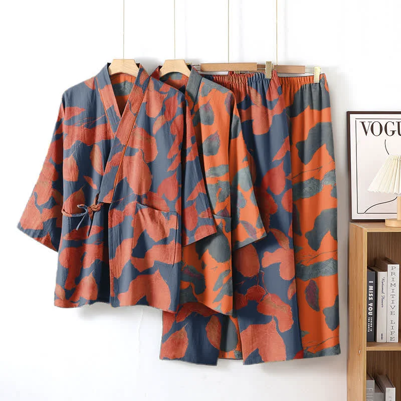 Effective Ownkoti Botanical Leaf Cotton Kimono Loungewear Set Organic