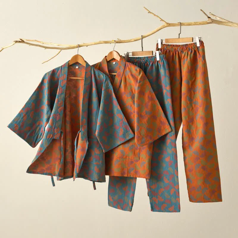 Modern Ownkoti Ginkgo Leaf Cotton Kimono Loungewear Set Sustainable
