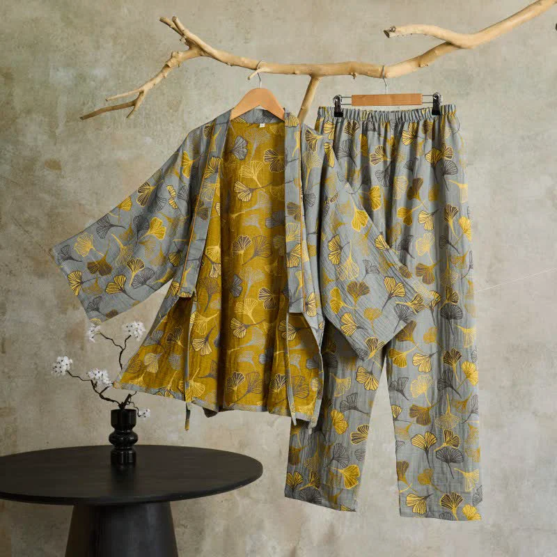 Enhanced Ownkoti Ginkgo Cotton Gauze Kimono Loungewear Set Smart