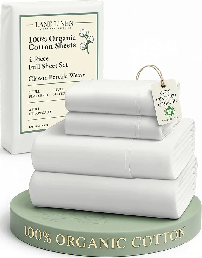 Premium LANE LINEN Organic Cotton Full Sheets Set 4-Piece Pure Percale Long Staple Soft Bedding Breathable Fits Mattress Upto 15 quot Deep – Glacier Grey