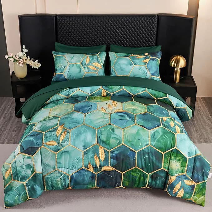 Secure ANGIYUIN 7 Pieces Turquoise Gold Marble Comforter Set Queen Watercolor Printed Bedding Comforter Set Luxury Gold Trim Bed Set Hexagon Honeycomb Bed in A Bag with Sheets Queen Teal Green Outstanding