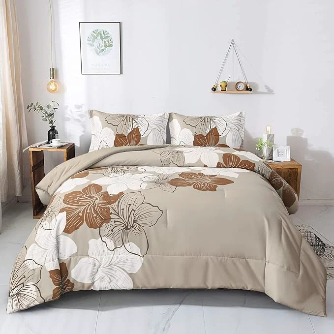 Secure Menghomeus Brown Comforter Set Full Taupe Floral Comforter Botanical Bedding Sets Soft Bed Comforter Set for All Season 1 Comforter 2 Pillowcases Next-Generation