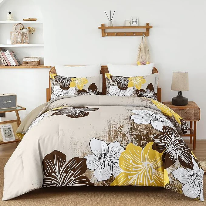 Smooth Menghomeus Brown Floral Comforter Set King Ombre Brown Bedding Lightweight Microfiber Bed Comforter for All Season 3 Piece Flowers Comforter with 2 Pillowcases Clean
