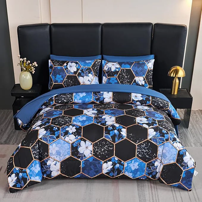 Classic ANGIYUIN 7 Pieces Blue Black Full Size Bedding Sets Marble Comforter Set White Floral Bedding Comforter Sets Gold Geometric Bed in A Bag with Sheets for Women Men Detailed