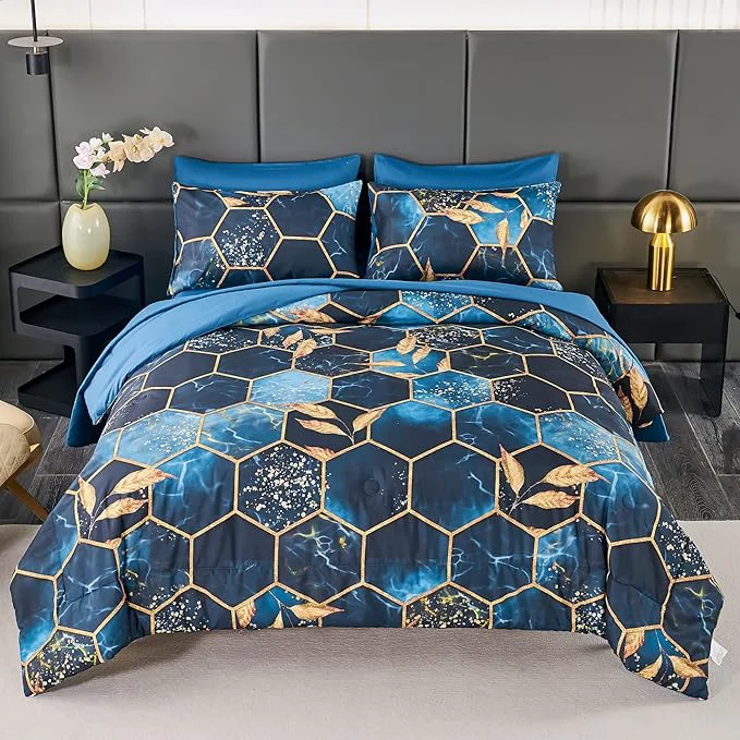 Optimized ANGIYUIN 7 Pieces Blue Gold Bed in A Bag Full Geometric Hexagon Theme Bedding Sets Gold Trim Comforter Set Luxury Steel Blue Gold Foil Print Bed Sets with Pillowcases Sheets Blue Full Solid