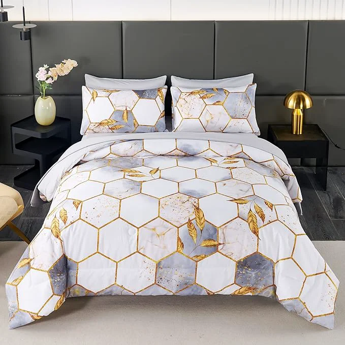 Premium Material ANGIYUIN 7 Pieces White Gold Comforter Set Queen Geometric Honeycomb Bedding Sets Hexagon Gold Trim Bed Sets Ultra Soft Lightweight Bed in A Bag for Women Men White Queen Relaxed