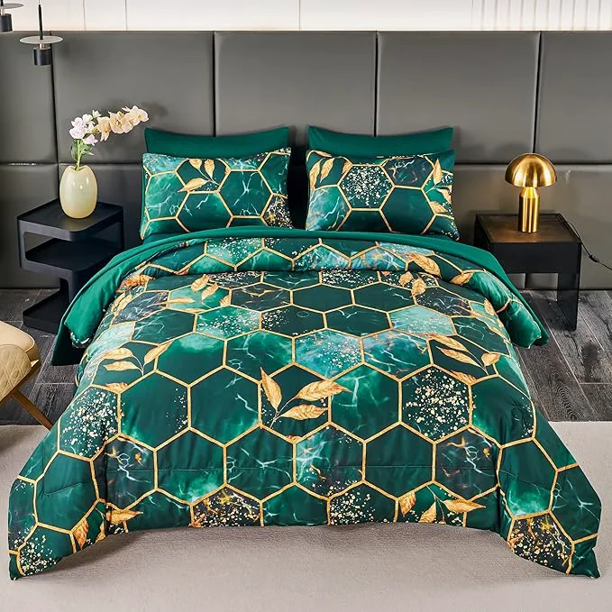 Proven ANGIYUIN 3D Marble Honeycomb King Size Comforter Set 7Pcs Emerald Green Geometric Hexagon Bed in A Bag Modern Foil Print Comforter Bedding Sets with Sheets Pillowcases Green King Safe