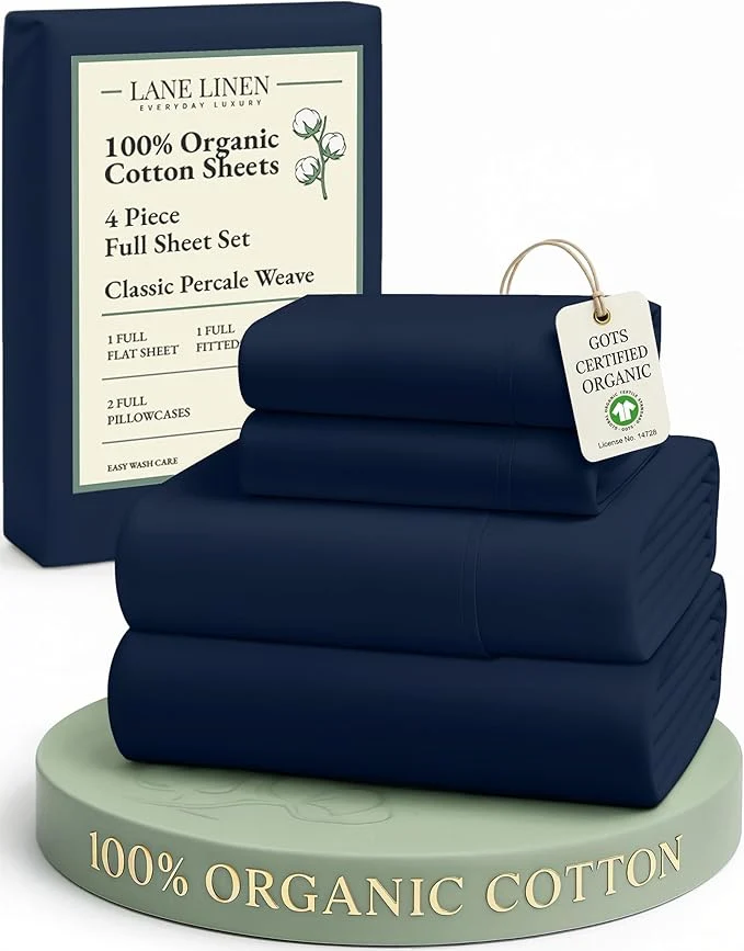 Crafted LANE LINEN Eco Friendly Organic Cotton Fully Elasticized Full Sheet Set Low Pilling Fade Resistant Machine Washable Naturally Cooling Full Bed Sheets Soft amp Comfy Cotton Bedding- Navy Specialty