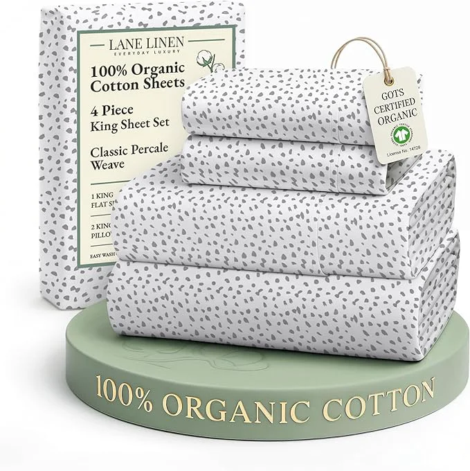 Reusable LANE LINEN Organic Cotton Printed King Bed Set All Season Crisp Percale Weave Ultra Soft amp Comfy Mercerized Cotton Bedding Sheets amp Pillowcase Set King Size Printed Sheets – Haze Grey Breathable