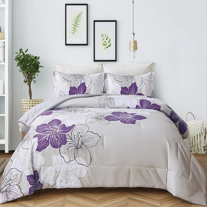 Verified Menghomeus California King Comforter Set Purple Floral Pattern Printed on Grey Cal King Bedding Set Soft Microfiber Bed Comforter Set for All Season High-Performance