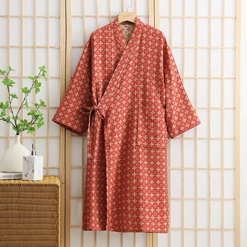 Green Ownkoti Unisex Geometric Pattern Cotton Pocket Bathrobe Elegant