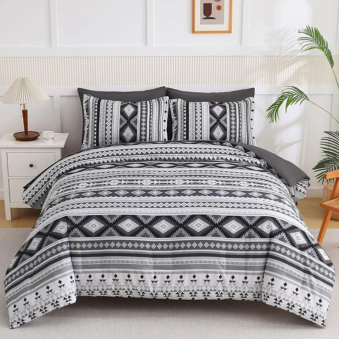 Recyclable Dinjoy California King Comforter Set Size Dark Gray Cal King Bed in a Bag Boho Black Bedding Sets Fall 7 Pieces Striped Oversized Bed Set with Comforters Sheets Shams for All Season Responsible