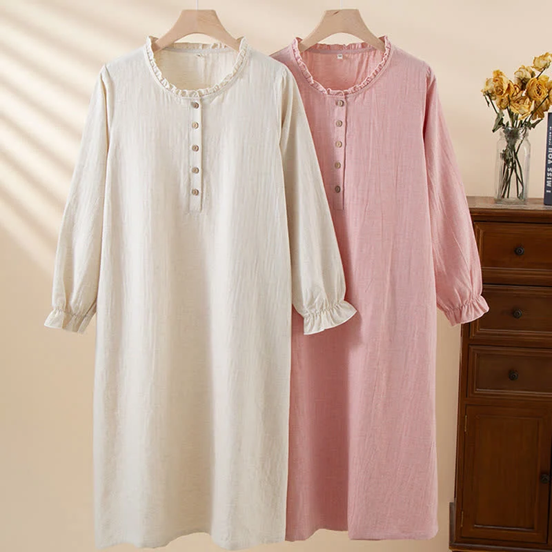 Fast Ownkoti Simple Ruffled Cotton Linen Button Nightgown Organic