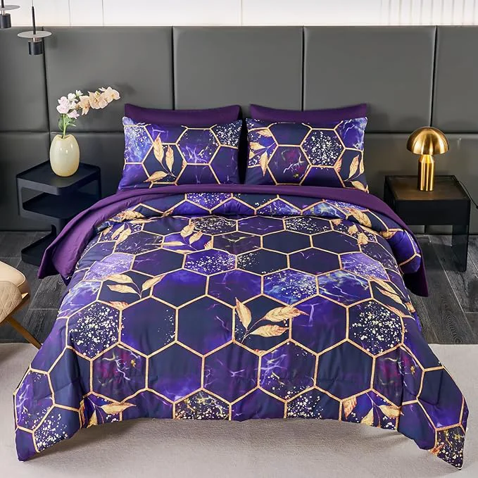 Fashionable ANGIYUIN Purple Gold Comforter Set California King Size Marble Gold Leaves Printed Bedding Comforter Set 7 Pieces Hexagon Honeycomb King Bed in A Bag with Sheets for All Season Contemporary