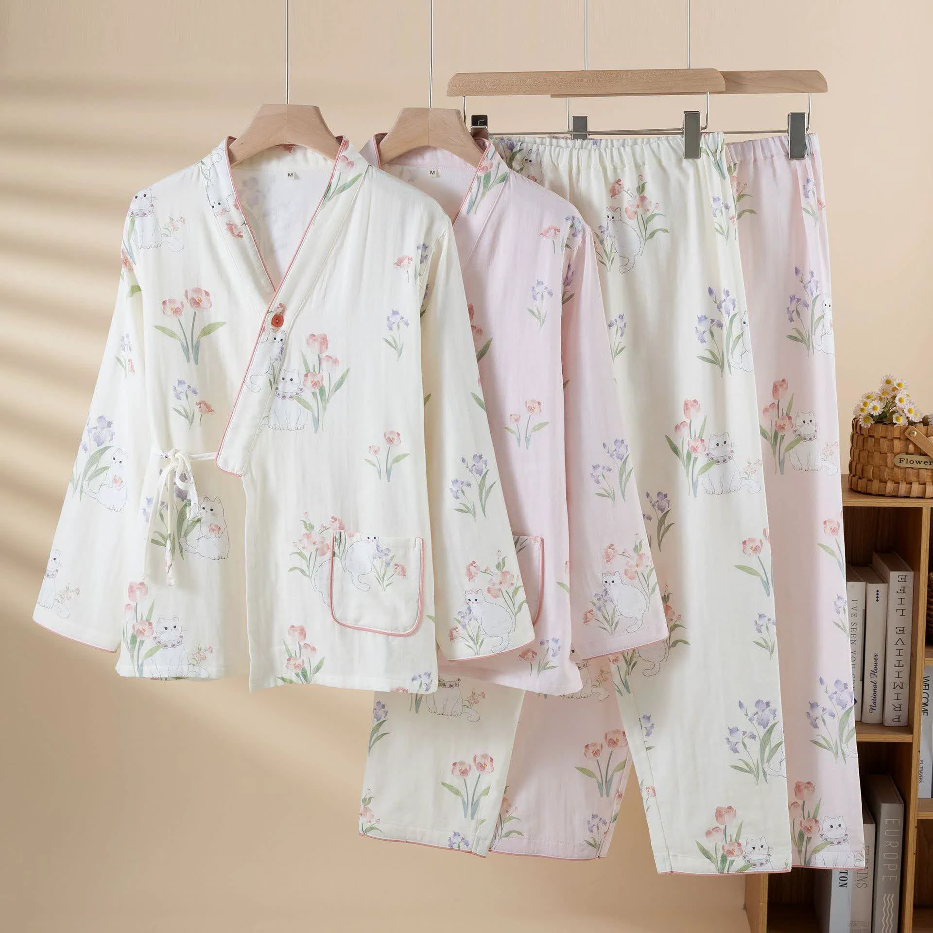 Minimalist Ownkoti Cotton Gauze Floral Cat Kimono Pajamas Advanced