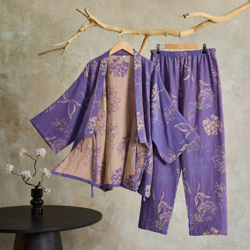 Versatile Ownkoti Peony Cotton Gauze Kimono Loungewear Set Functional