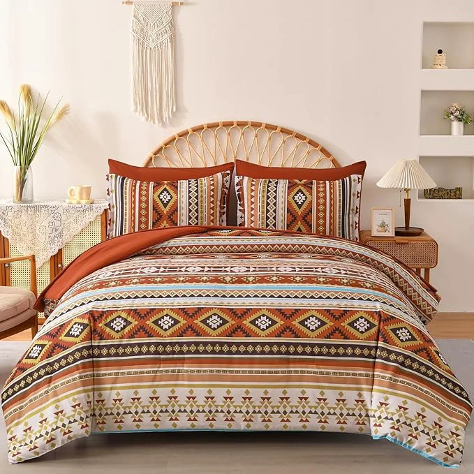 Effective Dinjoy Burn Orange Terracotta Comforter Set King Lightweight Boho Bed in A Bag King Size 7 Piece Aztec Striped Bedding Set Fall Comforters Bed for Women Family 90 quot ×104 quot Long-Lasting