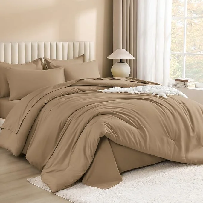 Classic Litanika Queen Comforter Set Taupe – 7 Pieces Bed in a Bag Queen Bedding Comforter Sets Solid Lightweight Bed Set with Comforter Sheets Pillowcases amp Shams Smooth