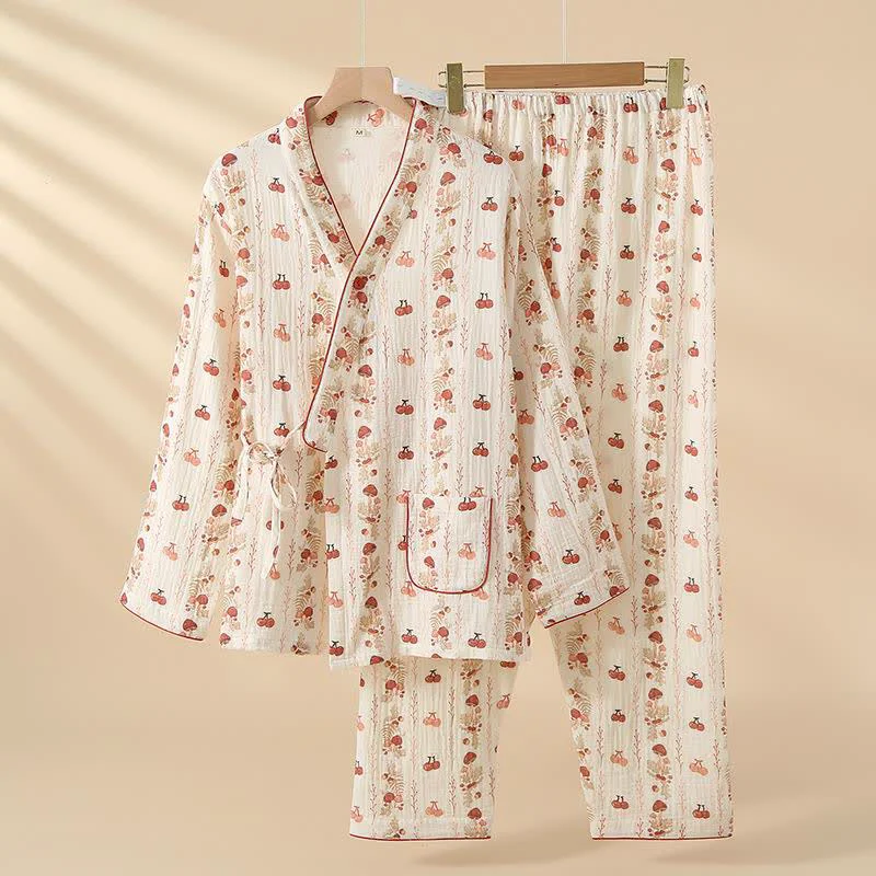 Solid Ownkoti Cotton Gauze Cherry Mushroom Kimono Pajamas Soft