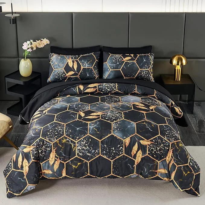 Breathable ANGIYUIN 7Pcs Black and Gold Comforter Set Full Size 3D Hexagon Geometric Bedding Comforter Set Marble Bed in A Bag Watercolor Foil Print Bed Sets with Comforter and Sheets Black Full Organic