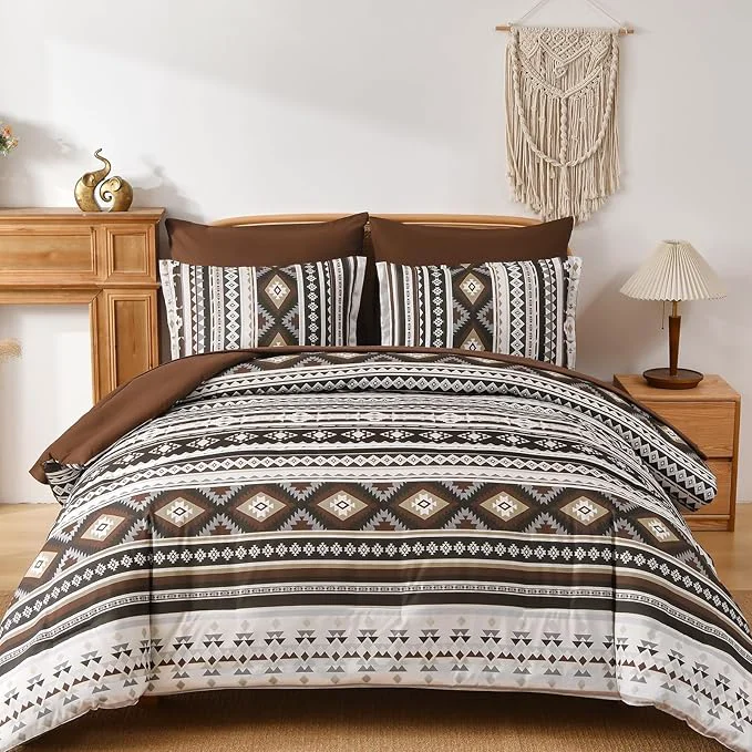 Clean Dinjoy Boho King Size Bed in A Bag 7 Pieces Drak Brown Coffee Comforter Set Aztec Striped Fall Bedding Set Bohemian Complete Set Western Geometric Taupe Comforters for Women Men 90 quot ×104 quot Pure