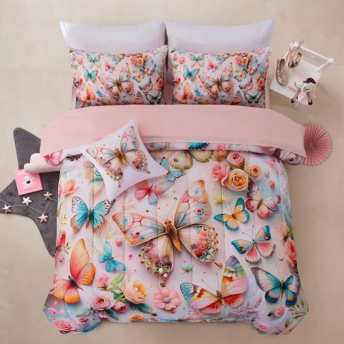 Reusable A Nice Night Full 6pcs Bed in A Bag Pink and Blue 3D Various Butterfly Printed Butterflies Flying in Flower Design Bedding Full Comforter Set for Girls Kids Teens Pure