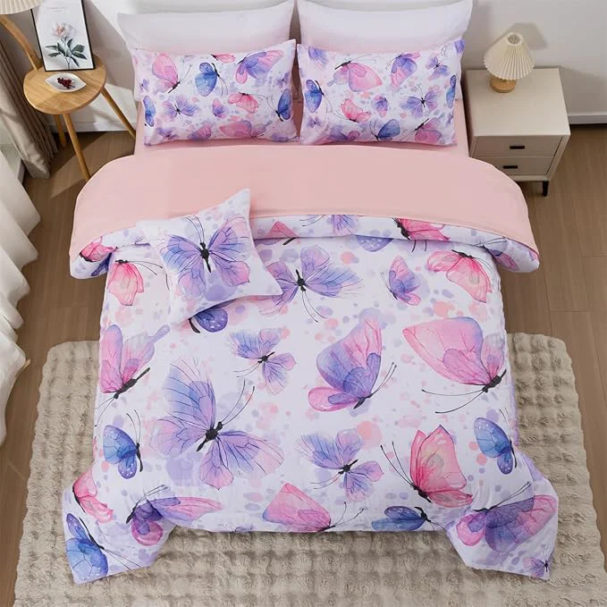 Secure A Nice Night 6pcs Queen Bed in A Bag Watercolor Ink Wash Tie-Dye Butterfly Printed Butterflies Flying Bedding Comforter Set Purple Professional