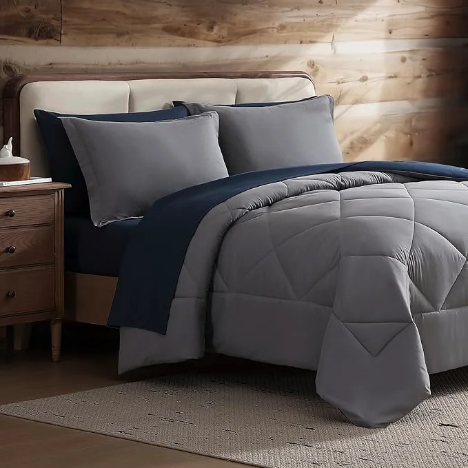 Stylish Coleman Twin Comforter Set Reversible Bed-in-a-Bag– Double-Sided Color Options All-Season Comforter Shams Sheets – for Home Cabin or Camp Use Navy Gray Detailed