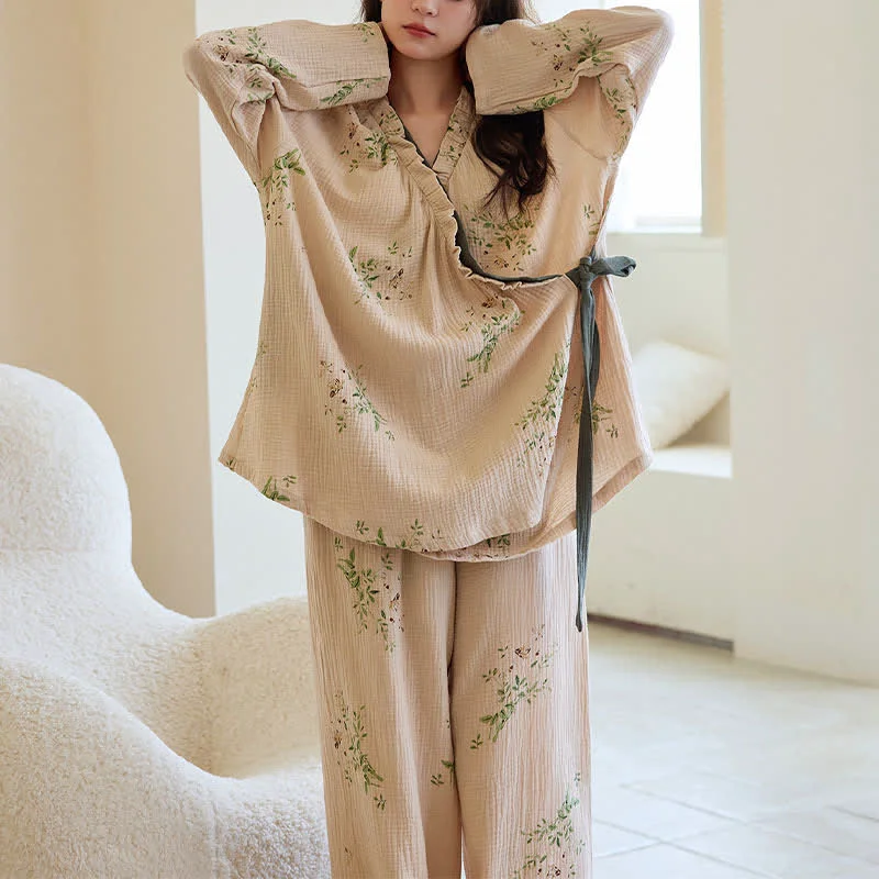 Trusted Ownkoti Botanical Leaf Kimono Loungewear Set Fast