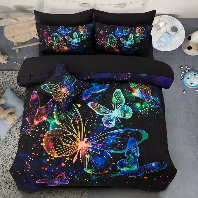 Fine Crafted A Nice Night Galaxy Bedding Sets 3D Butterfly Flying in Space Printed Like Glitter Butterflies 6pcs Bed in a Bag Queen Comforter Set for Girls Boys Kids Teens Modern