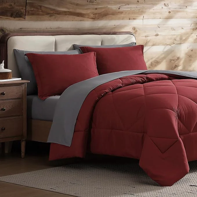High-Performance Coleman Comforter Set Full Size Reversible Bed-in-a-Bag– Double-Sided Color Options All-Season Comforter Shams Sheets – for Home Cabin or Camp Use Burgundy Gray Smooth